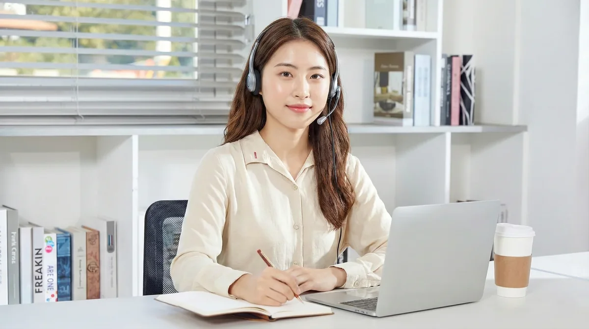 밝은 사무실에서 헤드셋을 끼고 상담 내용을 적는 상담원